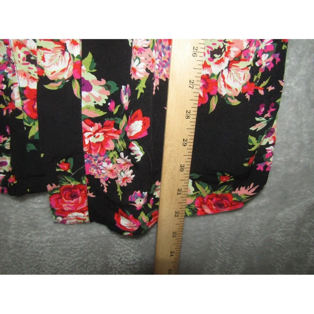 VTG 90s Black‎ Floral Kimono Robe Lace Trim Tie Front Boho Cover Up